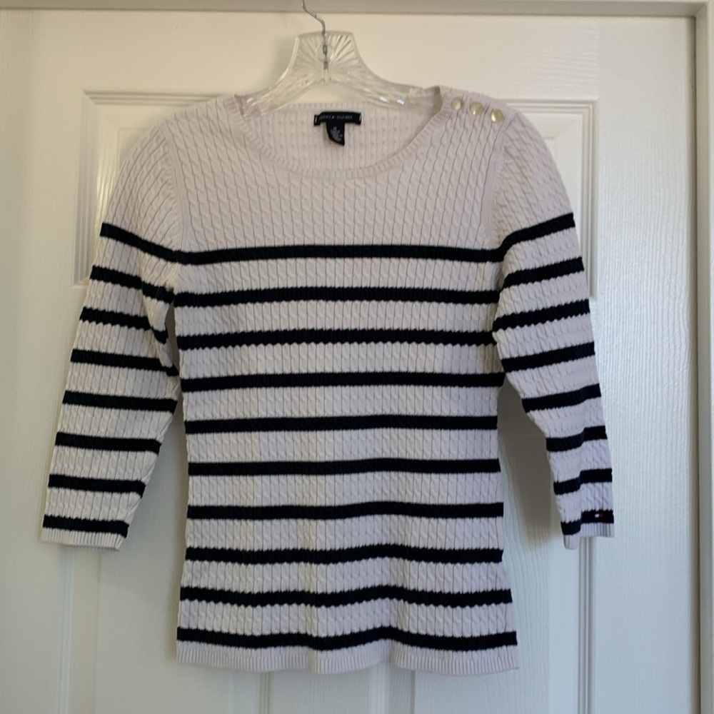 Tommy Hilfiger White Sweater With Navy Stripes